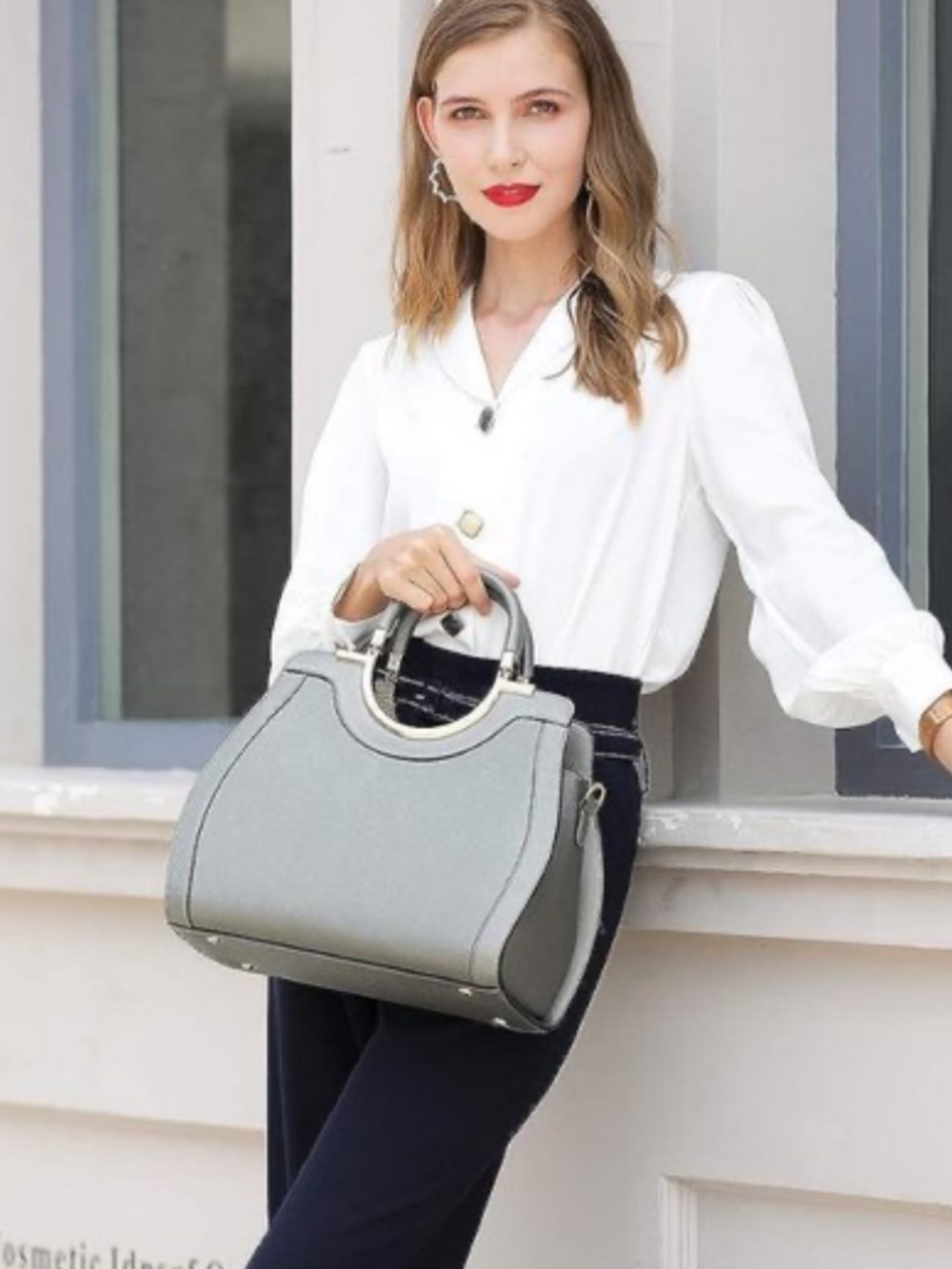 CLEO Structured Gray  Tote with Top Handles and Crossbody Strap